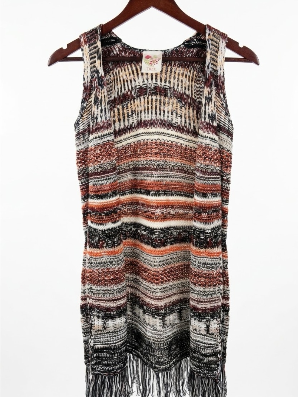 Youth XL Sleeveless Striped Knit Cardigan in Rust, Black & Cream